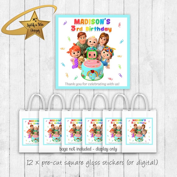 Cocomelon birthday party personalised square gloss stickers x 12 (or digital) Il_570xn