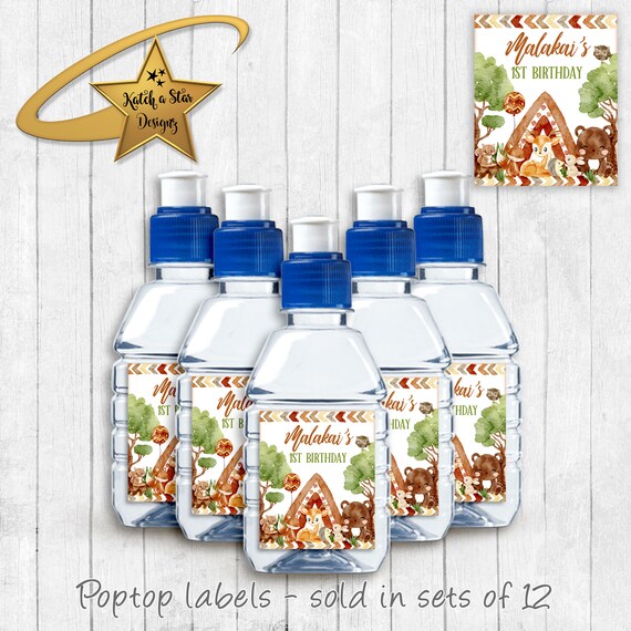 Woodland boho tribal animals, fox, owl, deer, squirrel, bear birthday party, baby shower gloss pop top drink label stickers x 12 Il_570xn