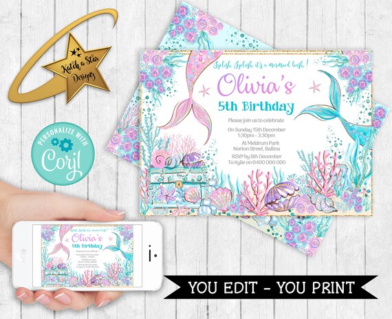 Mermaid / mermaids tail / treasure chest / under the sea birthday party Editable & Printable birthday party Invitation Template download DIY Il_570xn