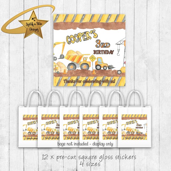 Construction party personalised birthday party square gloss stickers x 12 (or digital) Il_570xn
