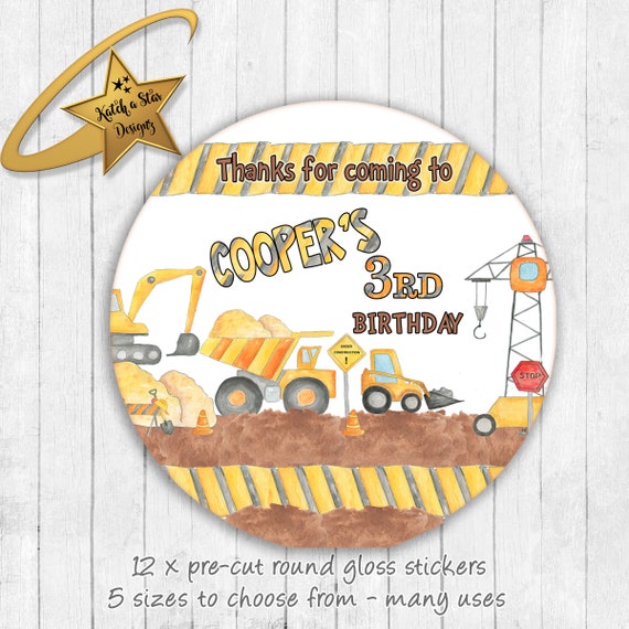Construction party digger excavator personalised round gloss birthday party stickers x 12 Il_570xn