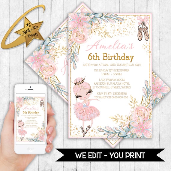 Ballerina, ballet, dance, birthday party personalised digital invitation - you print Il_570xn