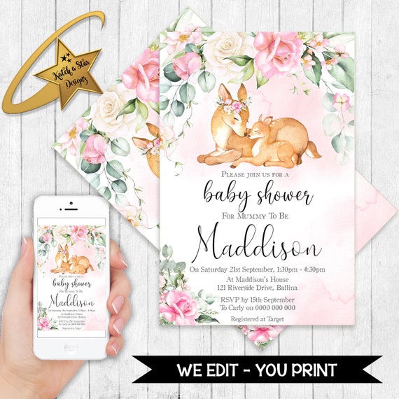 Floral deer baby shower baby shower personalised digital invitation - you print Il_570xn
