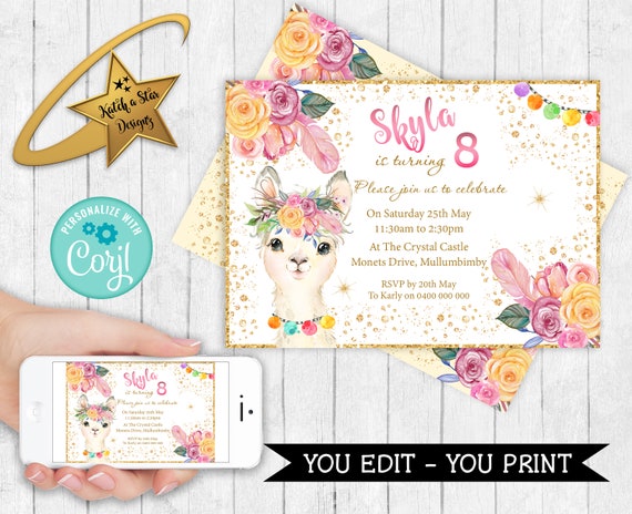 Llama Alpaca birthday party Editable & Printable birthday party Invitation Template download DIY Il_570xn