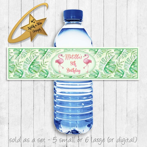 Flamingo tropical birthday party personalised party water bottle labels x 5 (or digital) Il_570xn