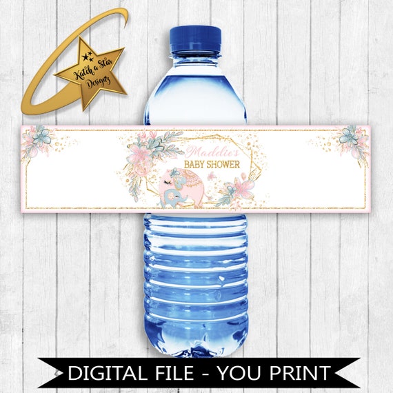 Elephant floral Printable Baby shower / 1st Birthday / Baptism personalised digital water bottle labels - you print Il_570xn