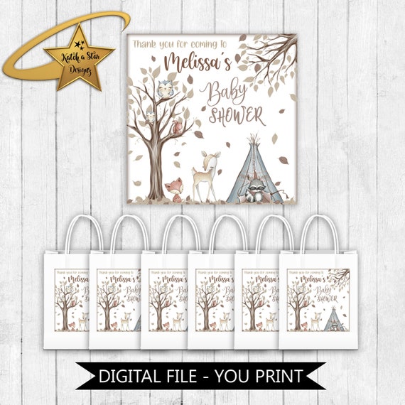 Woodland forest animals, fox, owl, deer, squirrel baby shower party personalised digital square stickers/tags - you print Il_570xn