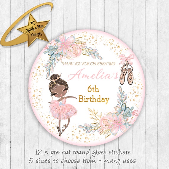 Ballerina, ballet, dance, dk personalised birthday party round gloss stickers x 12 Il_570xn