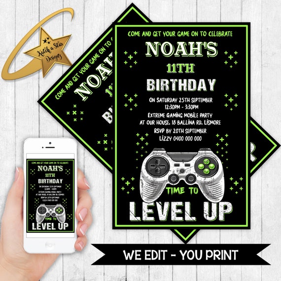 Gamer gaming level up birthday party personalised digital invitation - you print Il_570xn