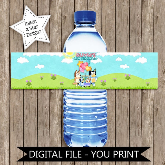 bluey dog birthday party personalised digital water bottle labels you