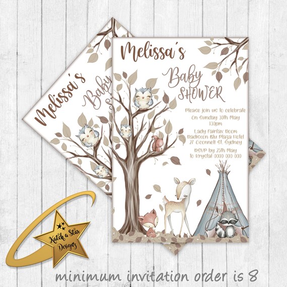 Woodland forest animals, fox, owl, deer, squirrel baby shower personalised invitations Il_570xn