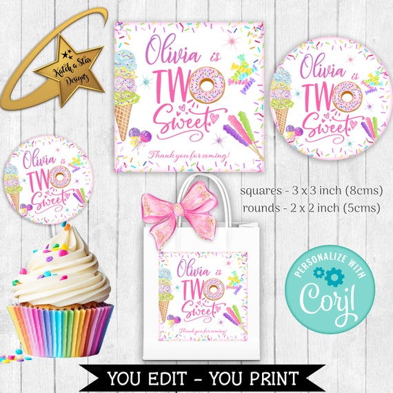 Two Sweet candy icecream 2nd birthday party round + square sticker / tags - editable & Printable Template instant download DIY Il_570xn
