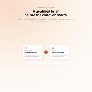 Op de afbeelding: Een digitale n8n-workflowsjabloon met een zachte perzikkleurige achtergrond. De tekst luidt: N8N WORKFLOW TEMPLATE, A qualified brief, before the call even starts. Het bevat twee witte kaarten met de labels Your Intake Form en Proposal Preview.