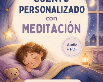 May include: A digital book cover illustration featuring a child sleeping in a bed with a teddy bear. The text reads CUENTO PERSONALIZADO con MEDITACIÓN, Audio + PDF, and Con tu hijo/a como protagonista. The scene includes a night sky, a crescent moon, a star-shaped light, and a small rabbit figurine.