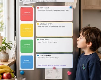 May include: A magnetic A4 emotion regulation chart attached to a stainless steel refrigerator. The chart features four color-coded sections: red for stop, yellow for support, green for well-being, and blue for connection, with Spanish text instructions.