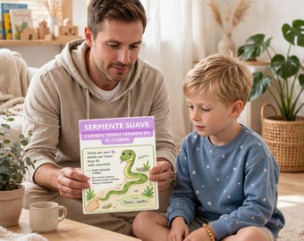 May include: A rectangular educational card titled SERPIENTE SUAVE featuring a green cartoon snake illustration with Spanish text instructions for a breathing exercise, including a path to trace with a finger and the phrase Sssss suelto.