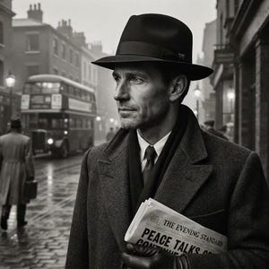 Op de afbeelding: Een persoon draagt een donkere wollen fedora, een zware overjas en een sjaal, en houdt een krant vast met de titel The Evening Standard en de kop Peace Talks Continue. De scène speelt zich af in een regenachtige straat met een dubbeldekkerbus.