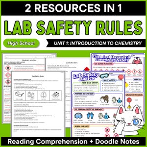 Puede incluir: Una colección de recursos educativos sobre seguridad en el laboratorio para química de secundaria, con hojas de trabajo, texto, diagramas, ilustraciones de equipo de protección, un gato de dibujos animados y el título Lab Safety Rules.