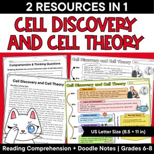 以下が含まれることがあります： 「2 Resources in 1 Cell Discovery and Cell Theory」と題された教育用リソースセット。6〜8年生向けの読解ワークシートと図解ノートが含まれています。歴史的な年表、図、細胞説に関するテキストが記載されています。