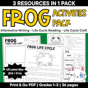 Puede incluir: Un paquete de actividades sobre ranas de 36 páginas en formato PDF, que incluye escritura informativa, lectura sobre el ciclo de vida y manualidades. Las páginas presentan un diagrama del ciclo de vida, una hoja de trabajo 'Have/Can/Are' y etiquetas recortables.