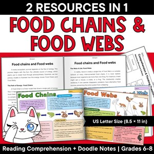May include: Educational resource set titled 2 Resources in 1 Food Chains & Food Webs, featuring printed worksheets with diagrams, text, and illustrations of animals. Includes a cartoon cat graphic and text indicating US Letter Size 8.5 x 11 in.