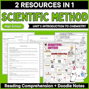 May include: A set of educational materials titled 2 Resources in 1 Scientific Method Unit 1: Introduction to Chemistry. The documents include reading comprehension activities and doodle notes featuring cartoon illustrations of cats and scientists.
