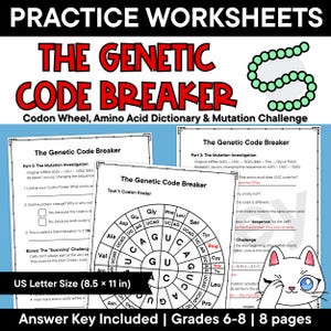Può includere: Schede di esercizi intitolate The Genetic Code Breaker con una ruota dei codoni, un dizionario degli amminoacidi e una sfida sulle mutazioni. Le pagine didattiche misurano 21,59 x 27,94 cm, includono le soluzioni e sono per i gradi 6-8.