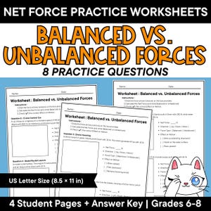 Balanserade vs. obalanserade krafter, arbetsblad med nettokraftövning, gratis kroppsdiagram, fysikrörelse årskurs 6-8 med facit i hand, PDF