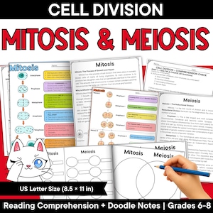 May include: Educational materials for cell division featuring Mitosis and Meiosis. Includes worksheets, diagrams, and doodle notes on A4-sized paper. A cartoon cat illustration is present, along with text headers and comprehension check questions for grades 6-8.