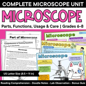 Unidad didáctica sobre las partes, funciones, uso y cuidado del microscopio, actividad de laboratorio con apuntes ilustrados para la comprensión lectora, ciencias para los grados 6-8 con clave de respuestas.