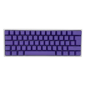 May include: A compact mechanical keyboard featuring a white frame and vibrant purple keycaps. The layout includes standard QWERTY lettering in white, with a space bar, shift keys, and function keys clearly visible in this top-down view.