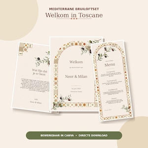 May include: A wedding stationery set featuring three cards with a cream background, olive branch illustrations, and geometric border patterns. The text includes 'Welkom in Toscane', 'Noor & Milan', '12 juni 2027', and a detailed menu list in Dutch.