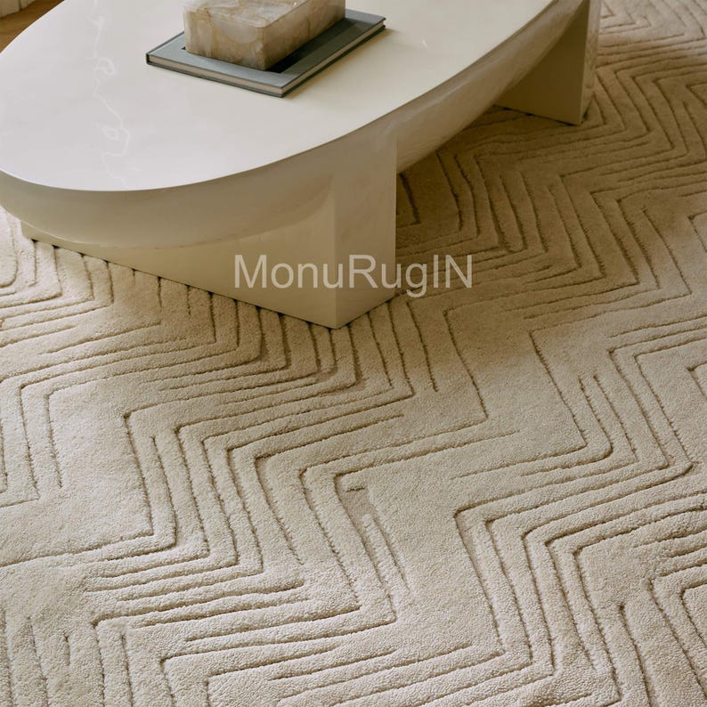 Hand Knotted Chevron Wool Rug,8x10, 9X12 Modern Ivory Textured Carpet ...