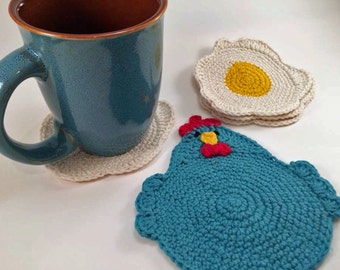 Crochet Pattern for the "Chicken or the Egg? Coaster Set." PDF file, instant download, permission to sell finished items.