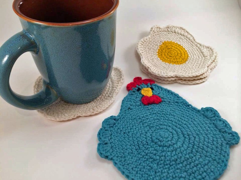 Crochet Pattern for the 'Chicken or the Egg? Coaster Set.' PDF file, instant download, permission to sell finished items. 