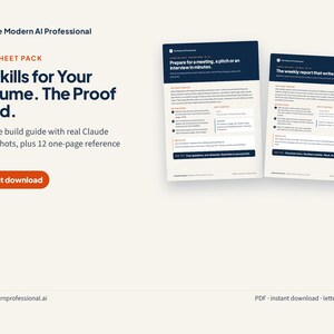 May include: A digital product titled The Modern AI Professional One-Sheet Pack featuring AI Skills for Your Resume. The Proof Build. Includes a 6-page build guide with Claude screenshots and 12 reference sheets, displayed as two document previews.