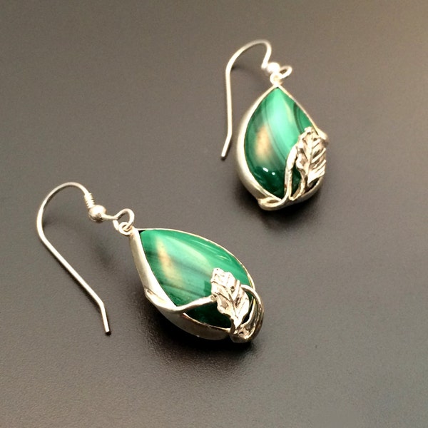 Silver statement earrings Silver malachite earrings Silver vine earrings