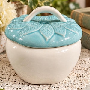 Barattolo per mele vintage Hoenig of California con coperchio – Piatto in ceramica con decorazione a foglia blu turchese – Ceramica di metà secolo