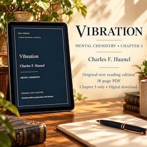 Peut inclure: Une tablette affichant un document numérique intitulé Vibration, Mental Chemistry, Chapter 5 par Charles F. Haanel. L'écran présente du texte incluant Self Minded, Classic Readings et Original-text chapter. C'est un PDF de 18 pages.