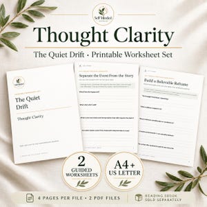 Può includere: Un set di fogli di lavoro stampabili intitolato Thought Clarity: The Quiet Drift, composto da tre pagine bianche con testo nero, suggerimenti guidati e sezioni per la scrittura. Include due badge circolari con scritto 2 Guided Worksheets e A4 + US Letter.