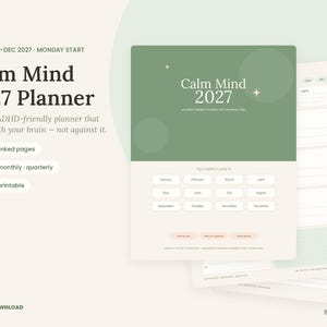 Może przedstawiać: Cyfrowy planer na rok 2027 o tytule Calm Mind w kolorach zielonym i kremowym. Okładka zawiera tekst Calm Mind 2027 oraz siatkę przycisków dla każdego miesiąca. Dodatkowe strony pokazują układy kalendarza tygodniowego i miesięcznego z poniedziałkiem.