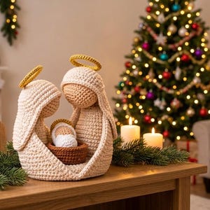May include: A crochet nativity set featuring two beige figures with yellow halos standing over a small brown basket containing a white-swaddled infant. The figures are crafted with textured yarn stitches and are positioned together.