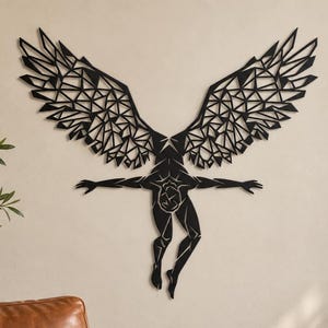 Winged Woman Art, Metal Wall Decor, Fantasy Female Design, Dark Celestial Decor, Angular Wing Art, Mythic Wall Accent, Dramatic Figure Piece