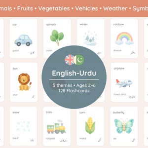 May include: A set of 128 English-Urdu educational flashcards featuring watercolour illustrations of animals, fruits, vegetables, vehicles, weather, and symbols. Each card displays the English word, the Urdu translation, and a corresponding graphic.