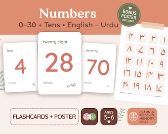Urdu- und englische Zahlenkarten 0–30 + Zehner | Montessori-Karten zum Ausdrucken für Kinder | Zählen lernen + Poster