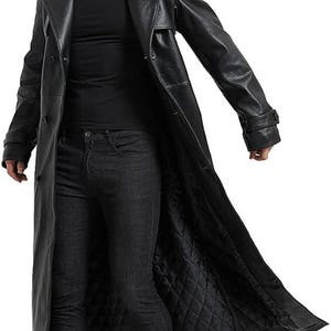 Men's Black Leather Trench Coat, Double-Breasted Notched Lapel, Modern Gothic Streetwear