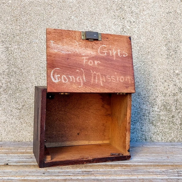Antique Late 19th Century Hand Made Maple Locking Church Offering Alms Mission Cash Coin Box with Original Mission Writing Label Key
