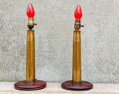 Pair of Vintage WWII Folk Art Trench Art Brass Shell Rewired Lamps Theater Aircraft Carrier Made Turned Walnut Bases