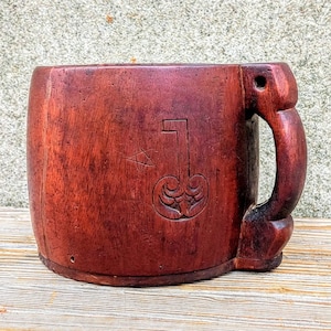 Antique 18th Century Staved Hand Carved Star and Symbol Mahogany Wood Tankard with Catalog Number