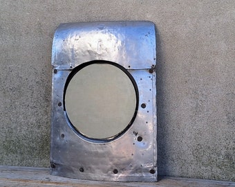 Vintage 1940s Airplane Aviation Hatch Door Porthole Brushed Aluminum with Mirror Installed Ready to Hang Industrial Decor Art Deco Design